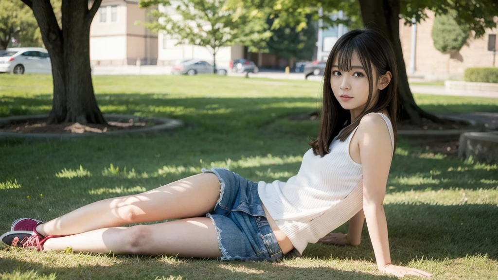 masutepiece, 1 girl per 1 photo, Full body shot, front-facing view, a Japanese young pretty girl, Long Bob Hairstyle, Mountains in the countryside of Japan々Rest under a tree surrounded by, Leaning against a tree and taking a nap, Close your eyes and smile, Bicycle beside her, Summer sunshine, Glamorous figure, wearing a sleeveless shiny satin white blouse with collared, Wearing a denim skirt, Wearing sandals, hyper cute face, Glossy lips, double eyelids for both eyes, Natural makeup, shiny smooth light brown hair of a long bob hair, asymmetrical bangs, Tanned skin, central image, 8K resolution, high detailing, detailed hairstyle, Detailed face, Cinematic lighting, Octane Rendering, Hyper realistic, Perfect limbs, Perfect Anatomy