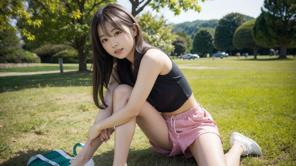(8K, RAW Photos, Highest quality, masterpiece:1.2), Super detailed, Ultra-high resolution, (Realistic, Photorealistic:1.37) , High-definition RAW color photos, Professional photos, Very delicate and beautiful, Very detailed, 8k wallpaper , (Beautiful and detailed eyes:1.1),(Beautifully detailed face:1.1),Anatomically correct body shape , Fine and beautiful skin,Skin Texture , From Bottom,Full Body Shot , looking at the camera , Natural light , 1 person , woman , Japanese , 20-year-old , E cup bust , Slim waist , , Shiny Hair , (High Ponytail,Blonde:1.15) , Shy Smile , Tank top, (mini skirt:1.15) , , , , (Sit on your heels:1.2) , (Spread legs pose:1.1) , (Show Panties:1.15) , (Knees are high:1.12) , (Emphasize the thighs:1.1) ,(Emphasize the armpit:1.1), Sharp focus , The background is a realistic street