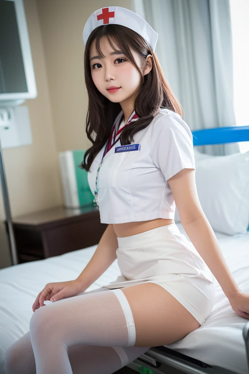 10th generation women, 、(1 The Ultimate Beautiful Nurse)、Ultra detailed face、Detailed lips、Fine grain、double eyelid、((Brunette Bob Hair))、(Nurse's:1.3)、(Attractive body)、(Huge breasts)、smile、Thighs Thighs Thighs Thighs, Exactly, Perfect Image Realism, background: (Hospital patient room:1.2), Cowboy Shot, 詳細なbackground, Attention to detail in the costumes, Perfect lighting、Hyperrealism、(Photorealistic:1.4)、Maximum resolution 8K, (masterpiece), Very detailed, Professional、((Sexy panties in full view:1.05))、((Spread your legs wide:1.45))