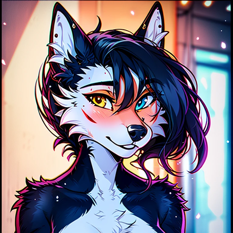 anthropomorphic animal furry fox fennec fox female adult, black fur color, the color of the eyes purple and red, the hair color is black and a little purple, jojos style, a cute and beautiful appearance,