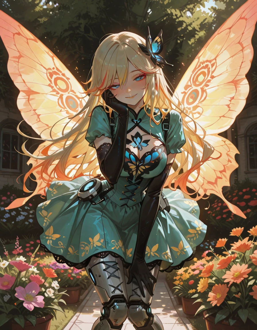 (highest quallity:1.3)。Steampunk。Mechanical fairy。long platinum blonde hair。Beautiful butterfly wings。