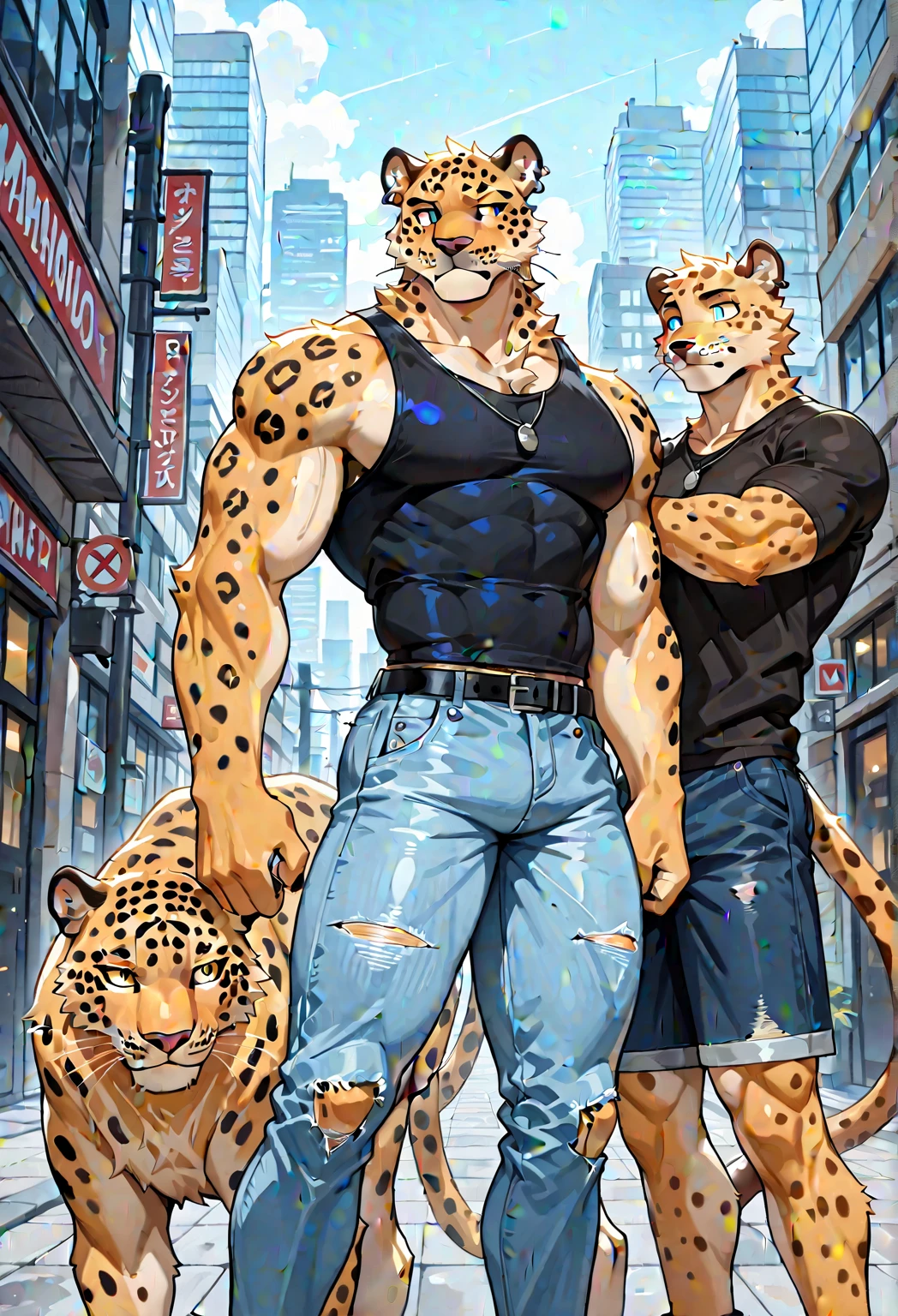 (Best quality,4k,highres,masterpiece:1.2),Ultra Detailed,lifelike,Photo Realism:1.37,A pair of muscular anthropomorphic leopard creatures,Wearing animal leather shorts,Have well-defined chest and abdominal muscles。The father and son leopard creatures kneel on the ground。
