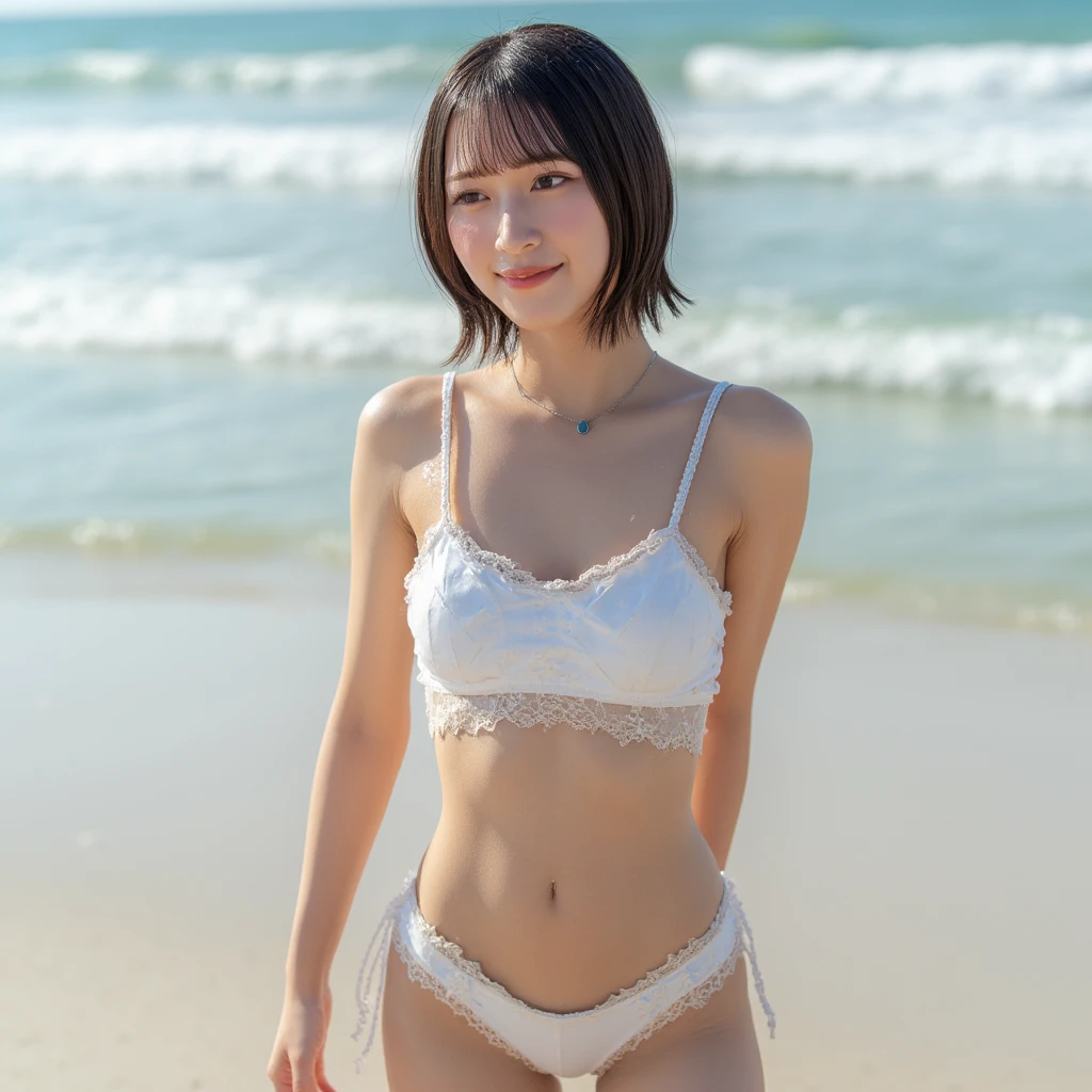 masterpiece,Real,resident evil,At an abandoned construction site,dirty 6:1,(((Very beautiful 25 year old tall slim Korean woman))),Sexy white bikini ripped and exposed,White transparent thong reaches down to her crotch,barefoot,Highest quality、Facial expressions of details、Red lipstick、Blue eyeshadow、Watching from behind、((Large Breasts))、Gazing at the sea、Thighs、smile、