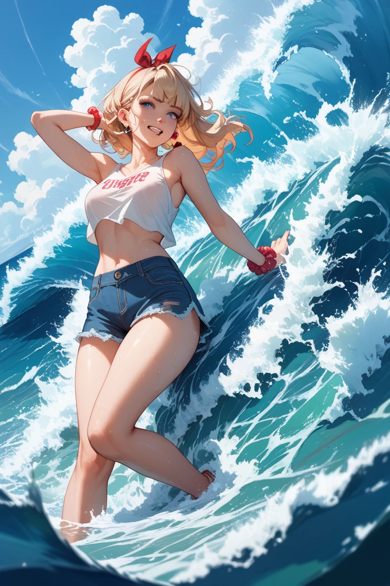 Blonde girl, wearing a red bikini, blue shorts, with a shirt tied around her waist, floating in the sea, around coral