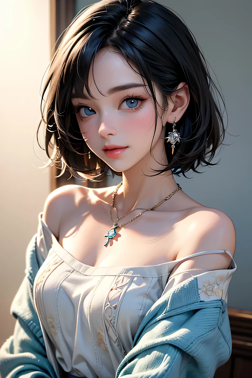 Solo, a bewitching female, theme:Saint Valentine day, smile, be shy, soft, delicate, looking at viewer directly, upper body , extremely detailed illustration, perfect rendering, from front, RAW photo,8k, incredibly absurdres, perfect description, ultra fine, realistic, photorealistic, perfect cinematic lighting, best shadows, detailed description, onyx black hair, bangs, sleek hair, detailed short hair, perfect beautiful face, bewitching eyes, beautiful light blue eyes, eyebrows, eyelashes, bewitching lips, light makeup, ultra detailed skin texture, fair skin, glossy skin, smile, seductive body, wearing, very small earrings, thin chain necklace, BREAK (pastel color off shoulder sweater with floral patterns), (depth of field, enhanced her character, cinematic lighting, best shadows, snow, park, soft sunlight, beautiful sunlight, in background), (incoming hug), MODELO,
