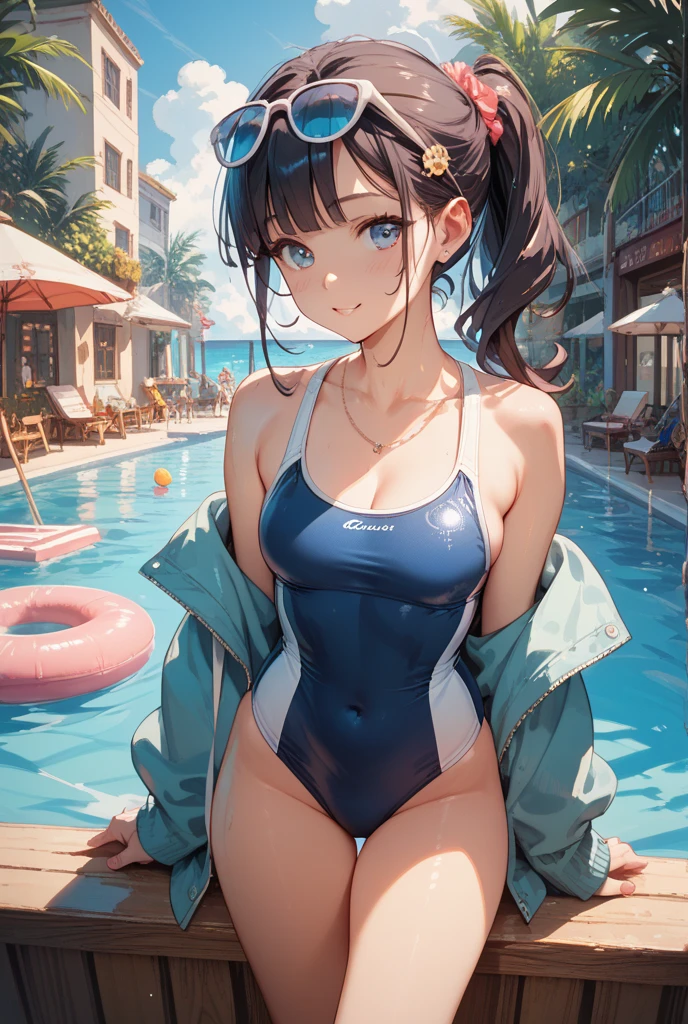 Highest quality,High resolution,１People Girl,beautiful girl,whole body,look up,looking at the camera,Big eyes,Crying face,Tears,Stringy saliva,Open your mouth wide,Sticking out tongue,Flush saliva,Overflowing with saliva,ponytail,Black Hair,Big rainbow eyes,Pool,Swimwear,競泳Swimwear,セパレートSwimwear,ワンピースSwimwear,A whistle hanging from his neck,Standing posture,