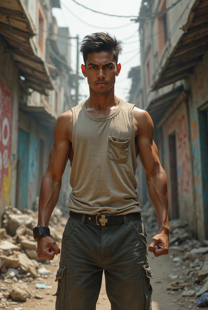 Dystopian future in a Colombian city where AIs win and there are few natural resources left. A 35-year-old Latin American HUMAN MAN, has brown eyes, long and angular face, short black hair, tez morena. Wear a worn-out PAJAMA top and pants that fit snugly and COVER THE SKIN. They have a devastated face..