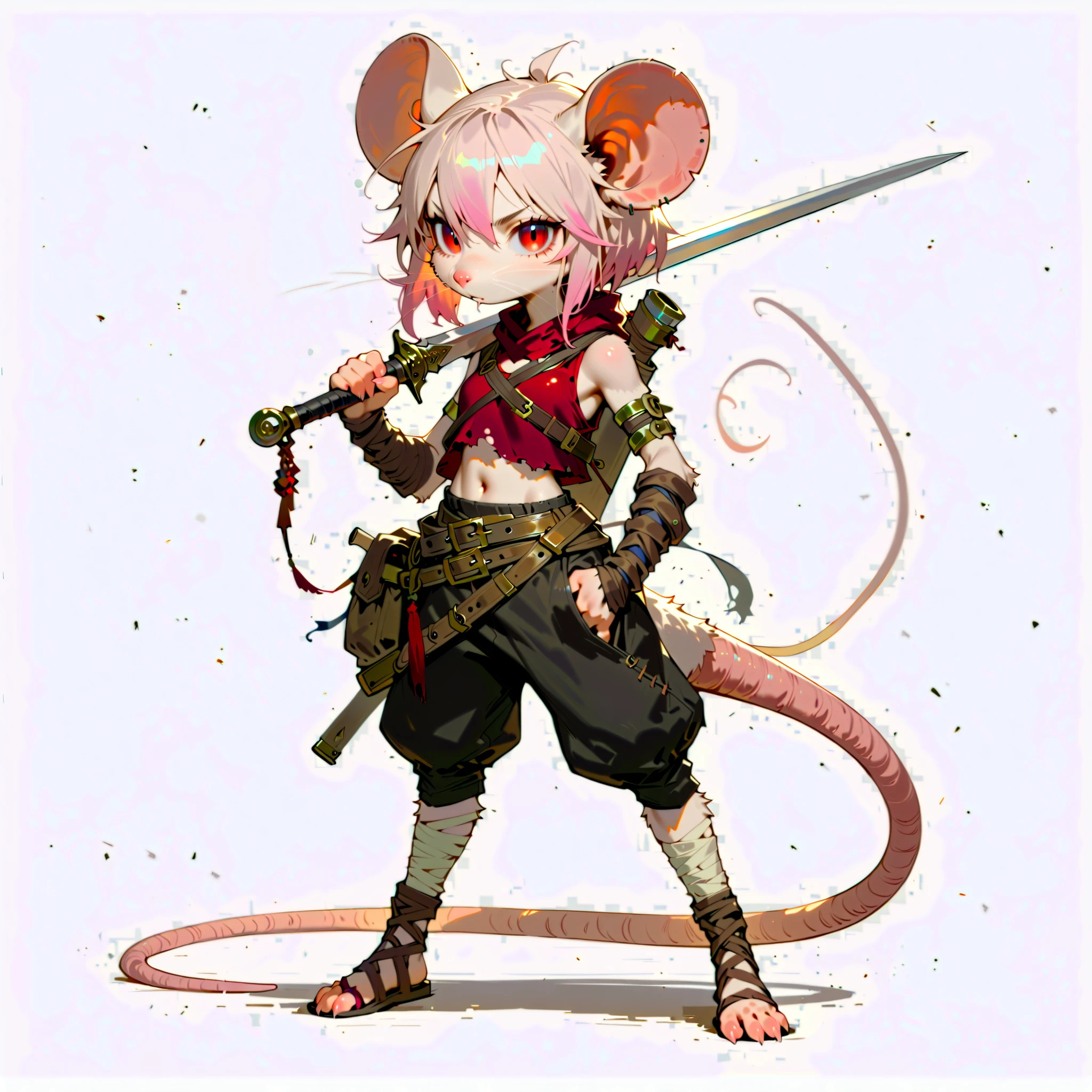 (((masterpiece))), (((Best Quality))), ((Ultra-detailed)), (anime Illustration), ((extremely delicate and beautiful)),solo, Full body, fantasy albino wererat girl, Fluffy Fur, furry, short pale pink hair, red eyes, rat head, rat ear, rat tail, ((ragged red tank top and black short pants, sandals, Resilient, sporty and boyish)), (folded arm) (she carries a belted sword on her back mount),(small figure) (shorty), full body standing, Whole body, (((white background)))