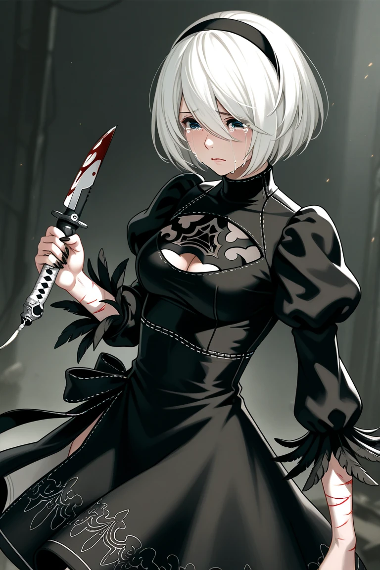((blood droplets)), ((blood)), ((blood splatter)), ((blood on clothes)), ((blood stain)), Masterpiece, Beautiful art, professional artist, 8k, detailed body, Very detailed face, very detailed eyes, Detailed clothing, detailed fabric, Best Quality, better resolution, 1 girl, bronya zaychik \(Honkai Impact 3rd\), view from behind, perfect ass, standing, big breasts, serious expression, At night , short silver hair, , choker:1.6, (white collar button down long sleeve shirt), (shiny black corset), black gloves that cover your hands, (holds an ax with his right hand), (shiny black leggings), evening de invierno, Dark road, dark forest, evening, Atmosphere, fog