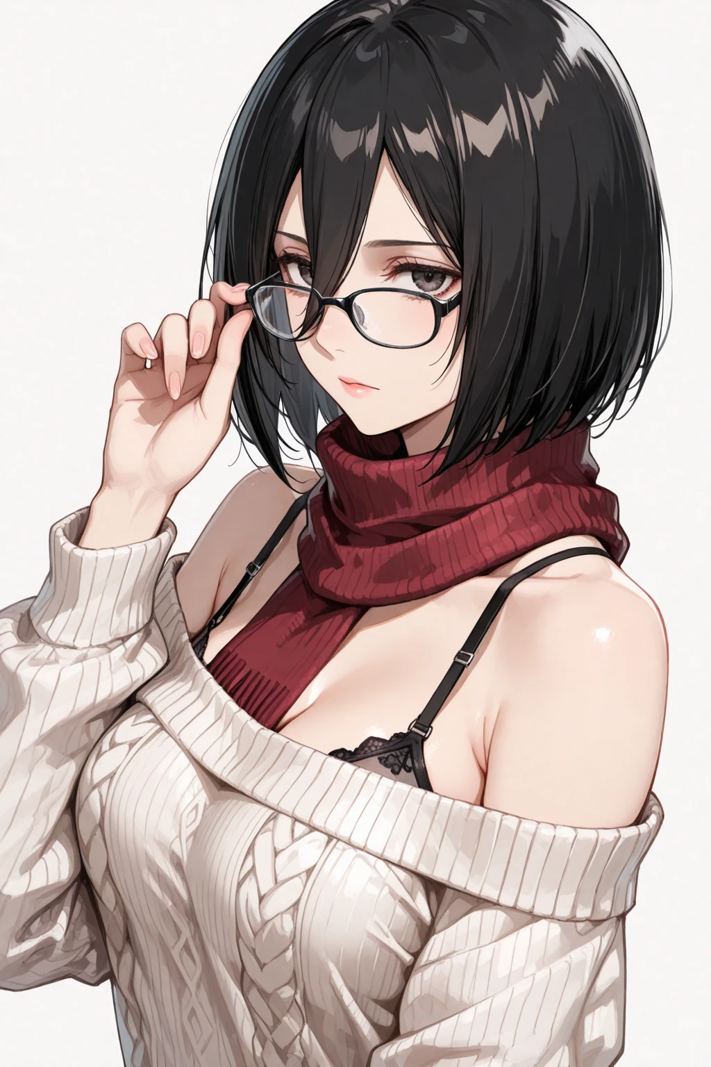 Top Quality, 8K, 4K, High Definition, Detail, (better-quality, 8K, 12), top-quality, 1 girl、only showing her face, she has Black hair, wearing a pin on her right side of her hair, she has her hands together, she looking at you, she is smiling at you, big breast, her jacket color black with a black, snow jacket, brown eyes, showing her face and chest, short hair long as her neck, (only showing half of her body) her jacket is loose. she is wearing earing only right ear shaped has a heart, she has her hand up making a pose, get closer to see up close of her face, she making a pose, she making pose her finger, she is wearing glasses, Japanese face, (long black hair)