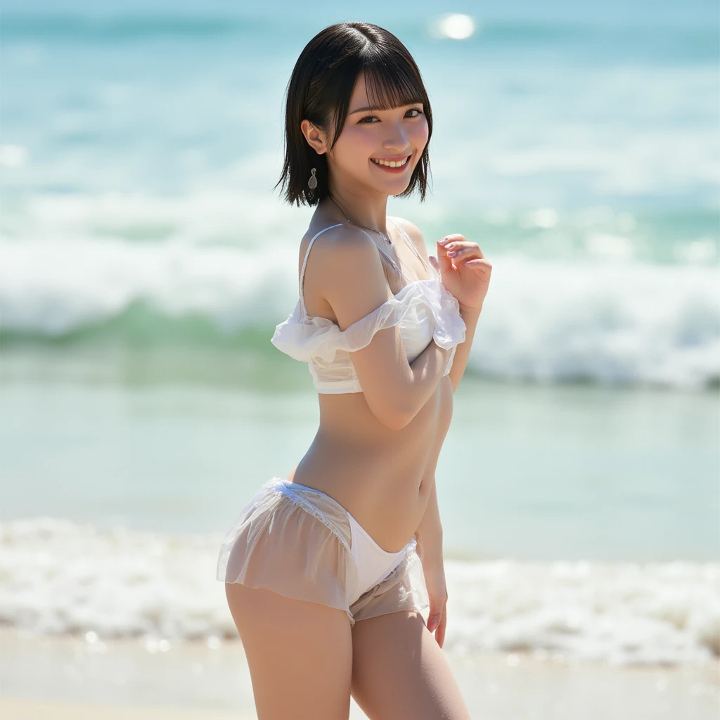Woman in underwear2a person、Woman hugging and kissing2a person、top-quality、8K、profetional lighting、Pretty Woman、Precision Hair、Beautiful and delicate skin、Shiny skin、White and small underwear,、Light blue underwear、Sheer lace underwear、no-makeup、A slender、light skinned、moderately sized breasts、short-hair、full body Esbian、Smile、细致背景、White sandy beach、Palm trees、hawaii