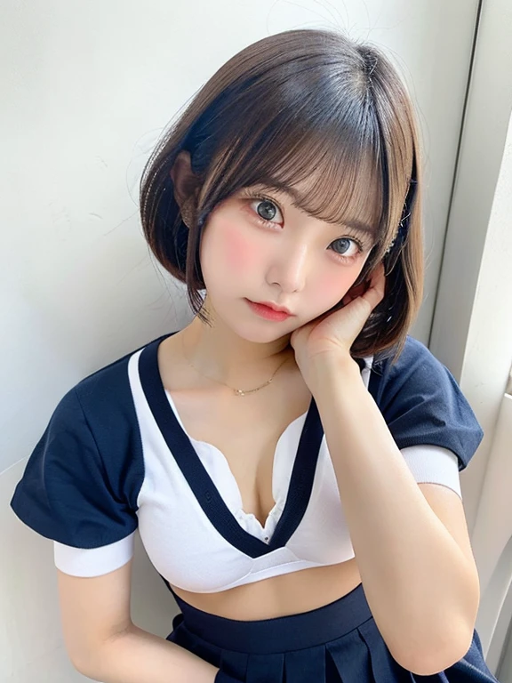 8k、Highest quality、masterpiece、(Upper shot close-up)、solo、12age、(slim、Flat Body:1.23) 、A woman dressed in a costume was sitting on the ground., Crouching、