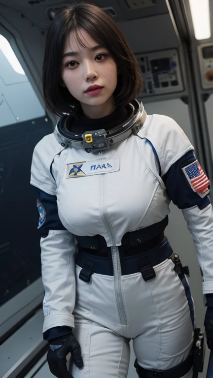 High resolution,woman,Ukrainian beauty,Small breasts,Blonde,ponytail,Bang bang,Light blue eyes,White skin,Age 27,Long face,High nose,In formal attire,uniform,Space Suit,universe船航空母艦, Futuristic, sf, universe, war