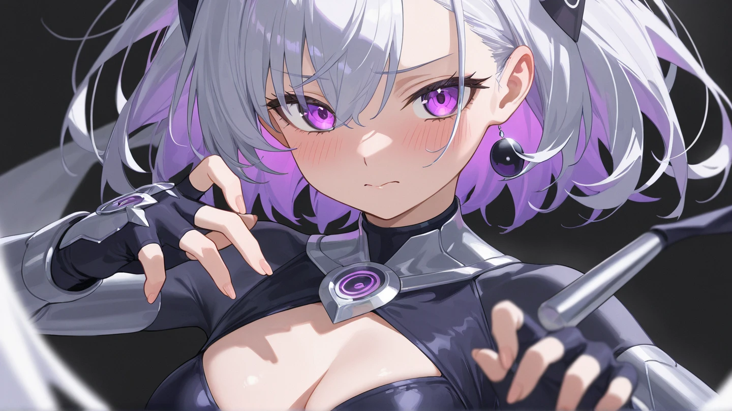 1girl,solo,looking at viewer,medium hair,bangs,hairband,purple eyes,hair ornament,hair between eyes,white hair,fluffy hair,large_breasts,blush shy,shiny_skin,very detailed clothes,very realistic textures,very detailed textures,longeyelashes,brown eye shadow, night,dim light,cyberpunk,mechanical arm,sci-fi style clothes,hair_tucking,metal material,realistic metallic texture,hands,raise your hand,