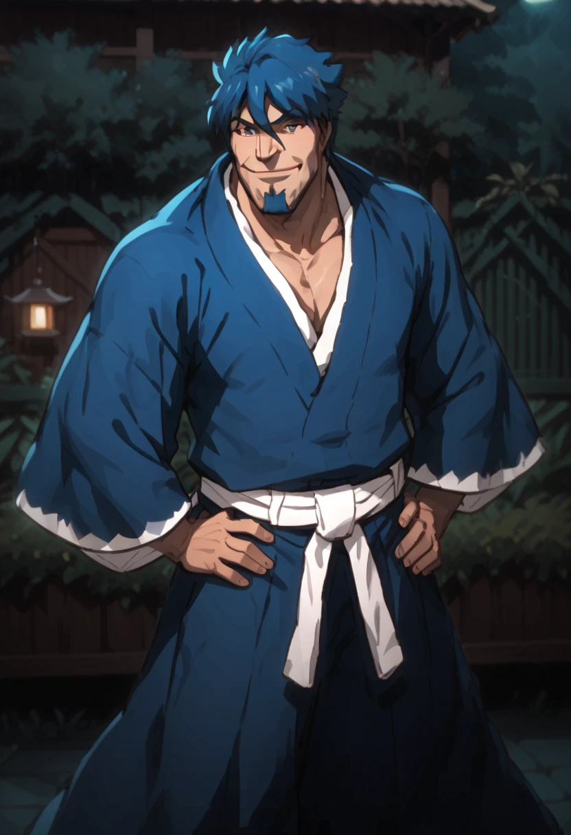 safe_pos, score_9, score_8_up, score_7_up, rating_nsfw, ultra hd, absurdres, best quality, best aesthetic, solo, 1boy, male focus, erotic, mature male, Expressiveh, wolfconf,

BleachShinetsu, blue hair, facial hair, goatee, Japanese clothes, sword, Japanese garden, hands on hips, looking at viewer, smiling, morning , blue kimono, blue hakama,