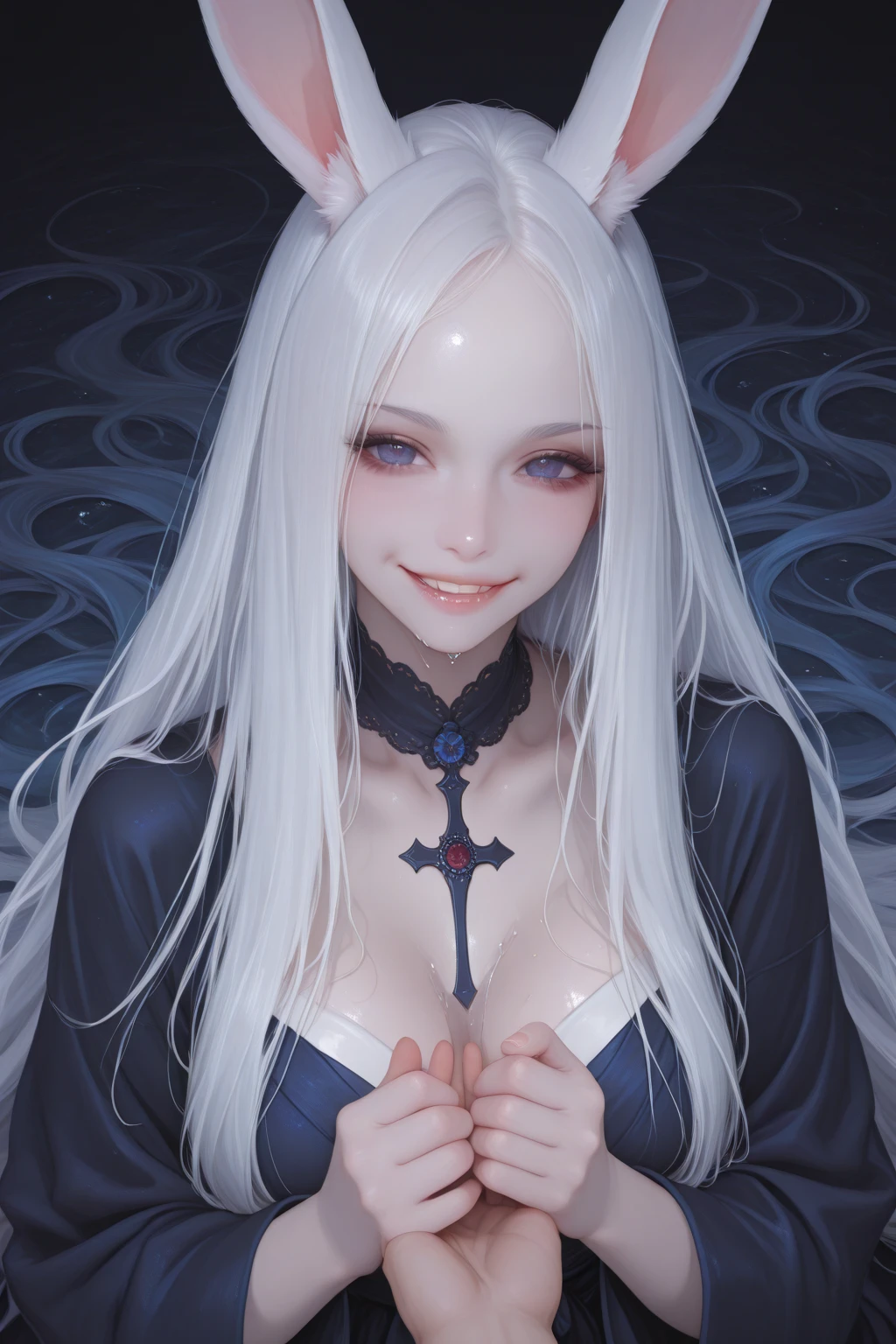 NSFW、blacklight、Real Art、extremely delicate and beautiful、ultra-detailliert、1girl、White hair、Vampires、yandere、macabre smile、(((eldritch horror、skeleton、Exposed bones、bleeding、undead、corrupt、torn flesh、bloods、bleed、eery、terrifying、The Monster、Move ki、Maniacal))Shining dark red eyes、Planktonic、Detailed light、illustratio、dynamic ungle、depth of fields、((((A MILF))))、short vampire girl、length hair、((White hair、Twin-tailed))、 red vampire eyes、Show me your fangs、pale skin、(超A high resolution、top-quality)、(8k、Raw photo、top-quality、masterpiece)、Technical sense、top-quality、masterpiece、illustratio、CG、unity、wall-paper、Official Art、astonishing、finely detail、extremely delicate and beautiful、ighly detailed、ighly detailed、Sharp focus、Rich background、(realperson、a picture)、((High detailed skin))、Spooky face、macabre smile、 a closeup、creepy pupils、Shadowed face、bags under eyes、Big smile、tooth、Small pupils、creepy eyead face、crazed smile、Constricted pupils、black sclera、Eldritch Abominable Girl,8K, (((gigantic breasts)))