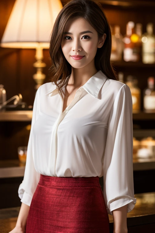 (medium full shot) of (charismatic yakuza) chinese young woman, Average build, long red bob hair, light brown eyes, yakuza tattoos, wearing a white silk shirt, dress pants, loafers, fedora, set in Meeting Room, long table surrounded by high-backed chairs, subdued lighting, traditional Japanese decor, a sideboard with drinks, at night, woman smiling at the viewer, Masterpiece,best quality, photorealistic, amazing quality, very aesthetic, extremely detailed face,