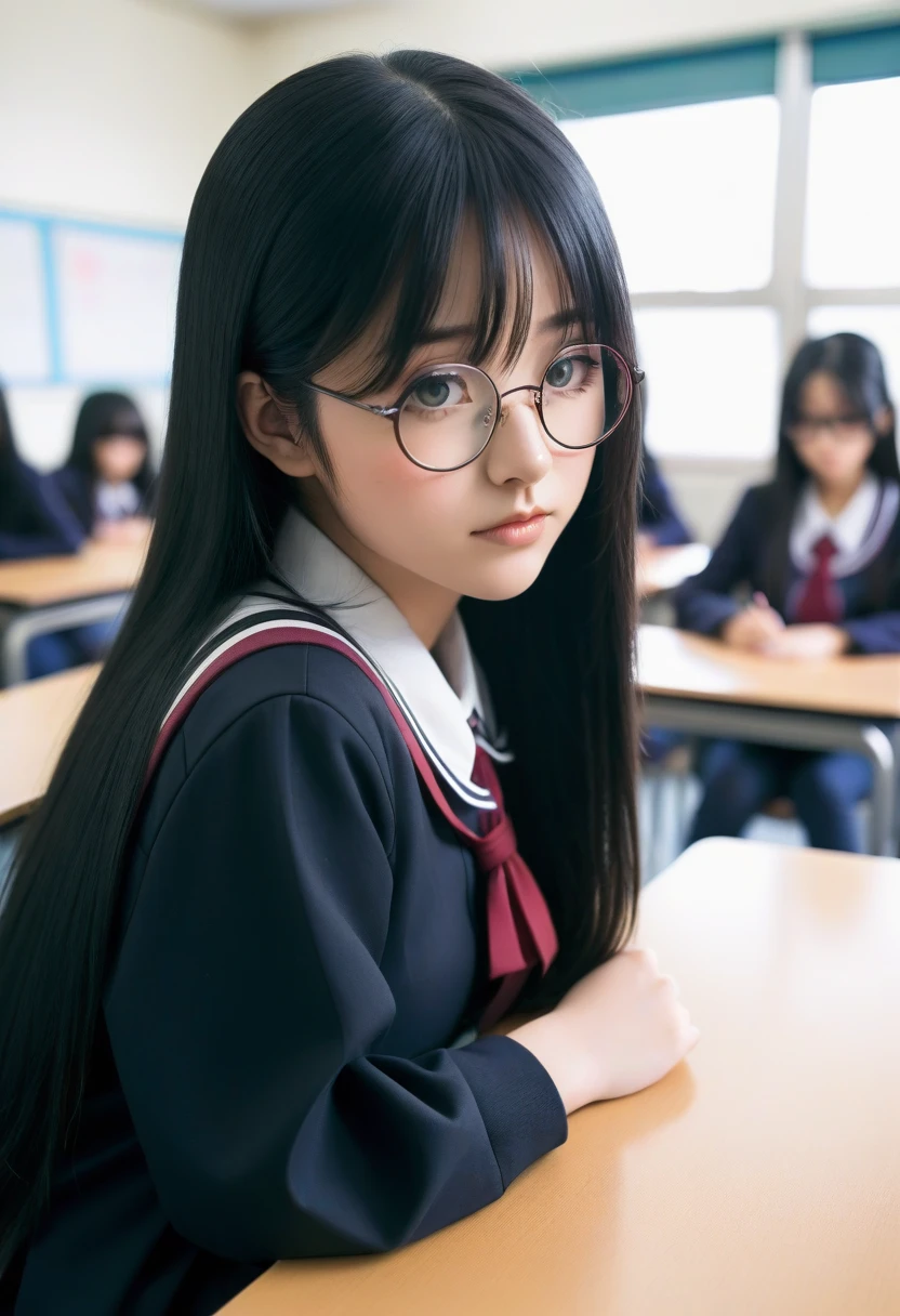 In the classroom of the school、Two beautiful girls、sixteen years old、japanes、Same school uniform、Same sailor suit、Bun hair、early evening、serious facial expression、Long skirt、Stunned expression、One person has glasses、