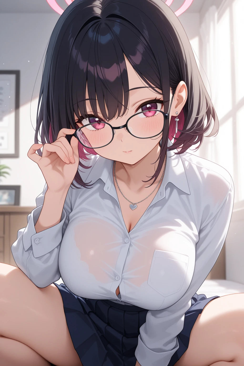 (8k、Best image quality、highest quality、masterpiece)、Detailed face、One girl、red Eyes、embarrassed,shy、((Grin))、huge breasts、((see through white shirt))、((see through))、((nipples)),((nipples visible)),((black mini skirt))、((open pussy))、sit、spread legs、white buggysocks,Shoot from below、sitting on desk,in school classroom,classroom background,Nipples,Oppai,fingering pussy,vaginal finger,hand to pussy,touch oun vagina,Exposure,pussy juice,wet pussy,cum on face,milk made braids,black hair,glasses,loli,