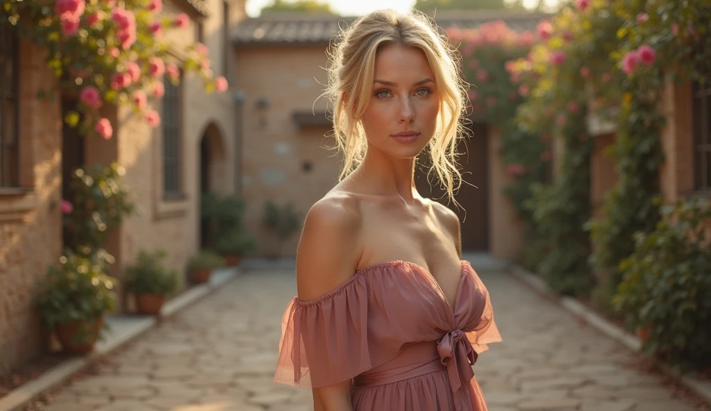 jeune femme blonde, femme se promène dans la rue, tenue élégante a fleur, chapeau de pailles, pose sexy, gros seins, corps parfait, queue de cheval, cheveux plaqué, cheveux ondulés