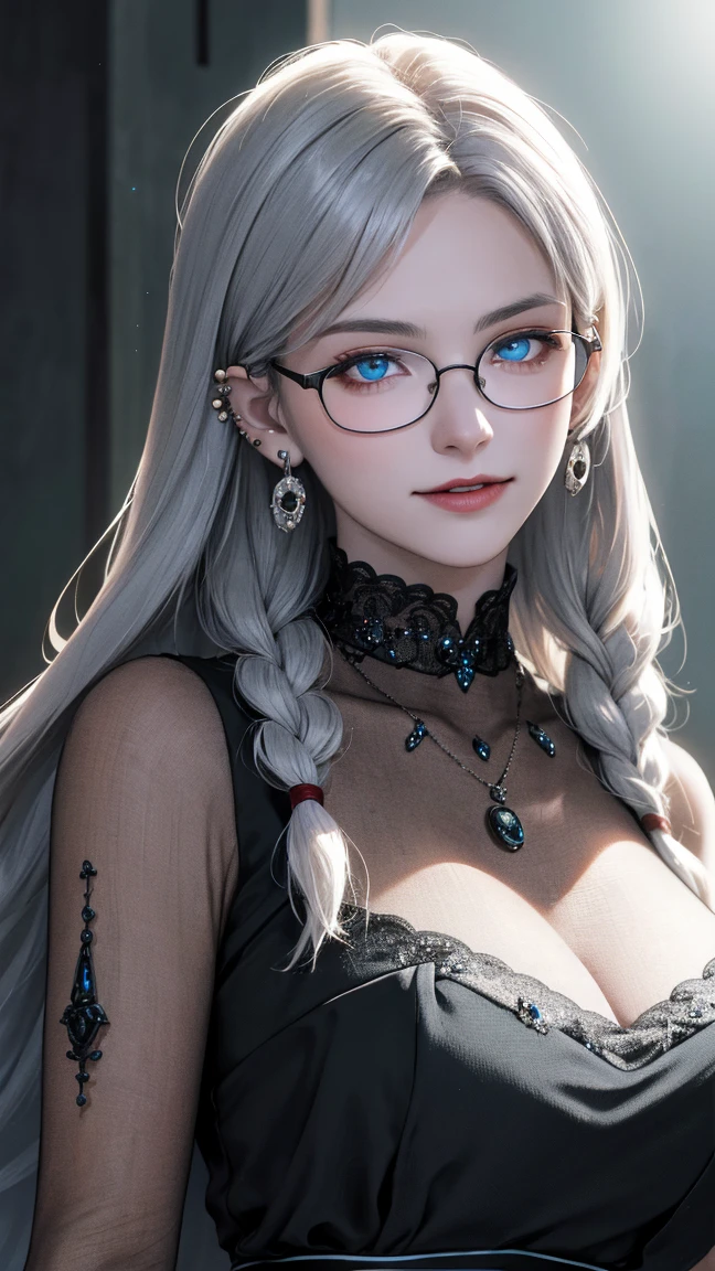 ((best quality)), ((masterpiece)), (detailed), perfect seductive face a beautiful white-toned girl with black and silver hair wearing glasses and wearing black clothes, blue eyes, glossy skin. detailed skin, pink lips with a tiara on her head, 