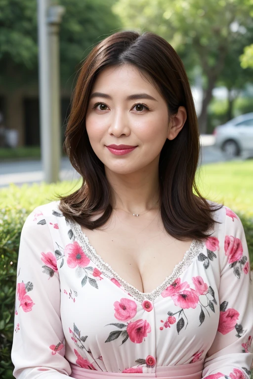 最high quality, 8k, Masseter muscle part, lively, sharp focus, high quality, High resolution, middle-aged women, Beautiful woman, 35 years old, (Full body Esbian), (Detailed face wearing high heels, highly detailed eyes, thick lips, ((look at the audience)), Plump body shape, beautifully styled hair, cleavage, brightly colored patterned dress、Neighborhood park in the background