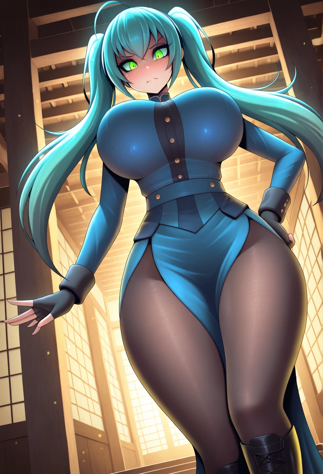 Beautiful woman, perfect body, turquoise green hair, straight back hair, light blue eyes, big eyes, black rabbit suit, blue stockings, red heels, smiling, rabbit tail, standing on her back, looking straight ahead, in the background there is a park and the city, full body