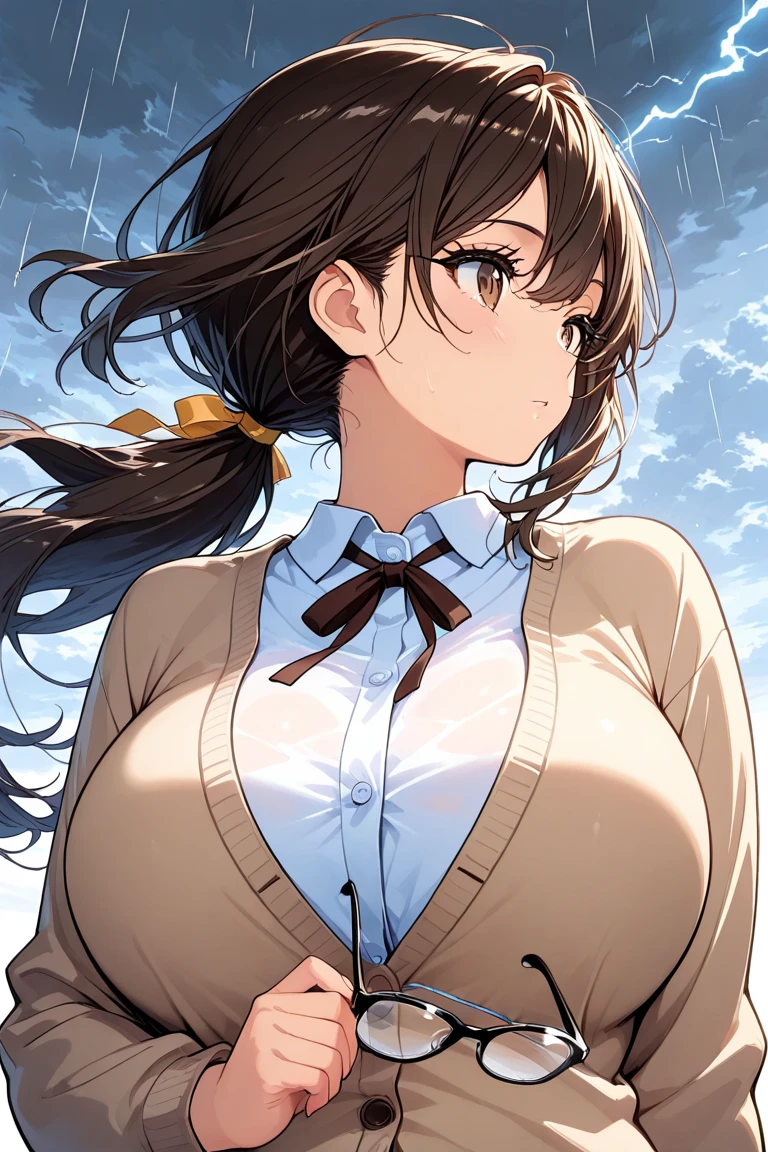 (a extremely delicate and beautiful girls, animification, Beautiful detailed girl, extremely beautiful detailed face and eyes, cowboy shot, from below, leaning forward, extremely detailed body, abs, girl, young, 18 years old, medium hair, wavy hair, wept bangs, side ponytail, light brown hair, beautiful detailed hair, delicate beautiful face, seductive smile, beautiful and detailed eyes, large breasts, brown eyes, Authentic skin texture), (crop jacket , tied blouse ,open blouse , cleavage , wearing school girl), noon, beautiful and clear background, grass background, backlighting, magazine cover, extremely detailed 8K wallpaper, very precise detailed,