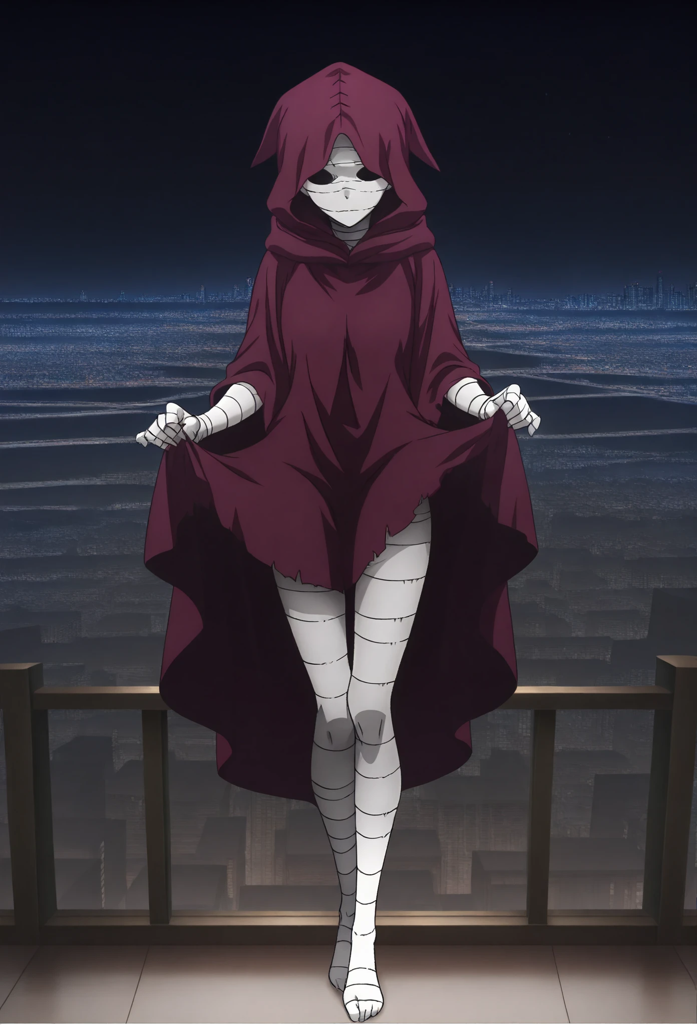 masterpiece, best quality, perfect details, anime screencap, eto-oa, bandaged head, cloak, body bandages, cityscape, night, full body, lifting up dress