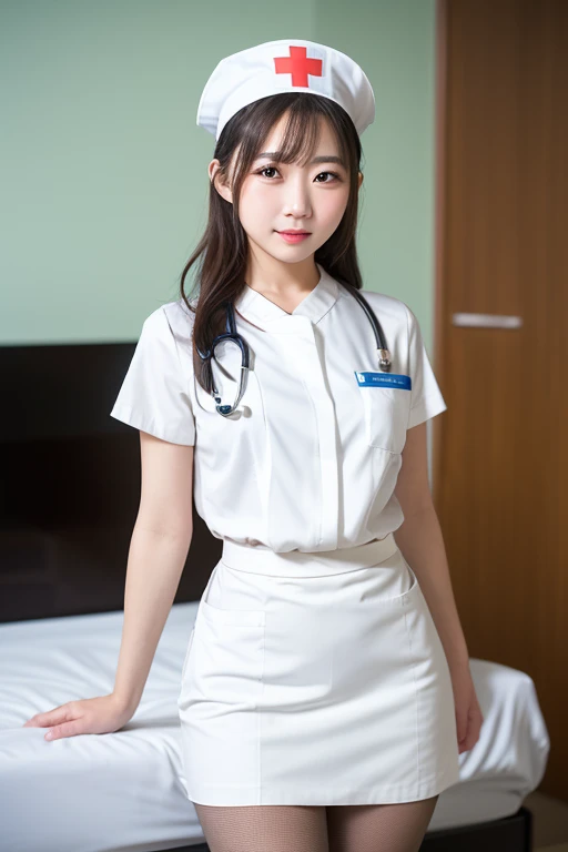 (Highest quality: 1.5), (Realistic: 1.5), (1 person: 1.5), (Very detailed), (High resolution), 8K, Shoot from below, (Japanese women), ((wear White nurse uniform)), (Nurse cap), (Wear a micro mini skirt), (Medium chest), Natural color lips, Cute Smile, 20-year-old girl, (Beautiful and elaborate face), (Perfect and beautiful face), (Big eyes), (Beautiful and elaborate face), (Left/right balance) Beautiful Eyes), Beautiful double eyelids, Perfect and beautiful face, thin arched eyebrows, Slim face, (Slim figure), Beautiful thin nose, Beautiful Skin, (Medium Bob Hair), Natural Bangs, Fair skin, Front view Lighting, (Facial lighting), Dark blue eyes, Slim waistline, Slender and beautiful legs, nurse, Stethoscope, (Sitting on the operating table), (Wearing a white garter belt and white knee-high stockings), white nurse clothes, operating room、((White nurse clothes)), ((White Micro Mini Skirt)), pure white,