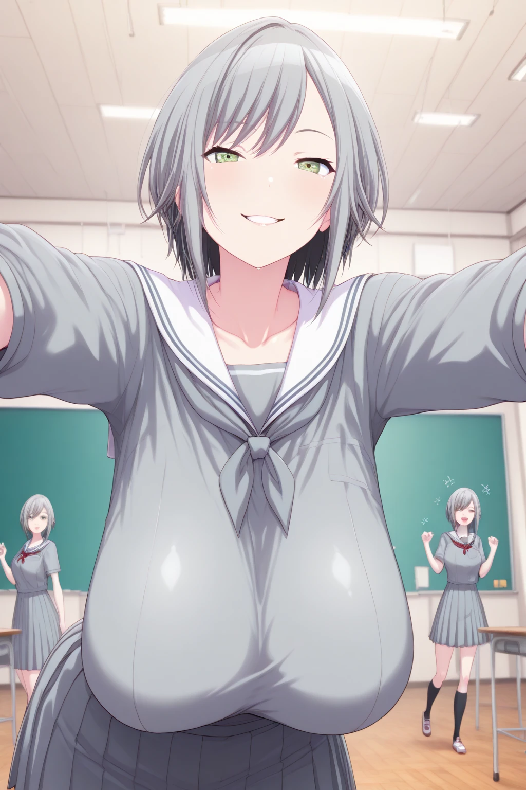 One Naked Girl、Walking through a crowd of clothed people、Only one person is naked、Light blue hair、blue eyes、Standard bust size、Nipples、Have dead eyes、Red face、Feeling embarrassed、Looking down、A little big chest、Wearing a sailor uniform、Wearing green panties、Low rise panties、Daytime view