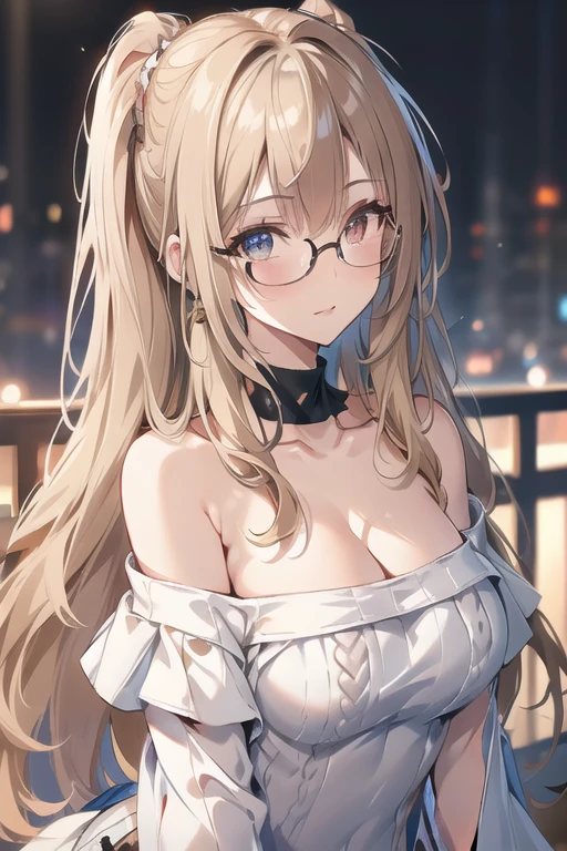1girl, natural lighting, masterpiece, highly detailed, illustration, game CG, absurdres, high quality, beautiful detailed eyes, glossy lips, natural lighting, medium breasts, klaudia valentz, collarbone, cleavage, corset, red dress, light smile, night, neon lights, red carpet, crowd, jewelry, necklace, blush, side slit, glasses