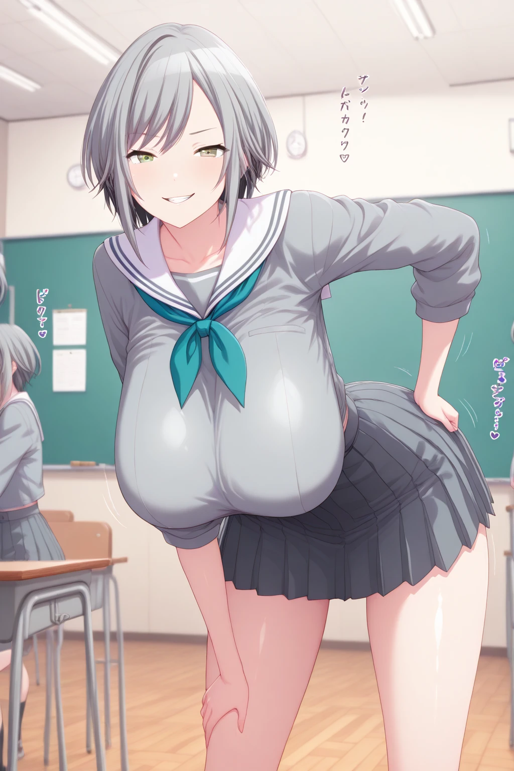 ((masutepiece)), VERY classroom interior detailed scenario, VERY crowded classroom detailed background, Insanely hot standing (woman 1) Use something sexy ((School uniform)), (Gray hair color Short hair)、(Indigo eyeole under the mouth),(Big breasts)、 (Big ass), (thick thigths), (fear expression), blushed face,woman grabbing woman 1 from behind,(((woman pressing her chest on woman 1 back))) And (((woman holding her waist behind her))), panties that are floral and pink panties,grabbing another’s breast,sex