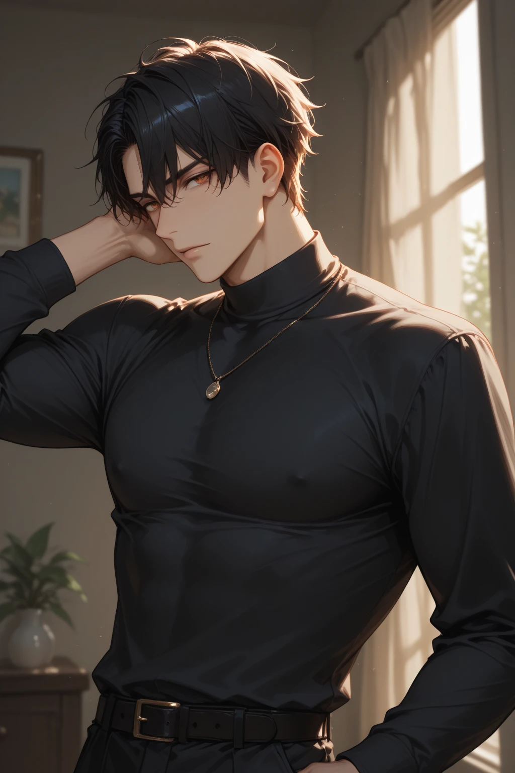College boy. Boy. Male. Short hair. He is a handsome man, very disciplined and studious. He has a slim toned body and a thick rear, wears a black short short, making his voluminous large ass stand out. Male character. Orange crop top. Short Black messy boy hair. High quality. rear pointed at camera, pressed againt the screen. bedroom.