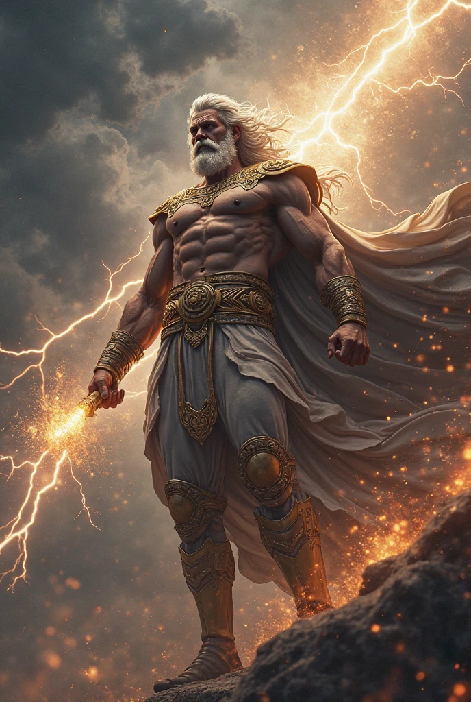 A Zeus holding a yellow lightning bolt with his right hand, blue eyes, left hand raised and clenched