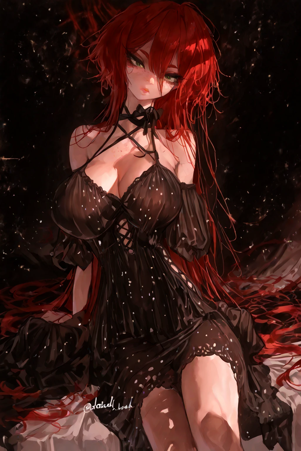 ((ultra realisitic)), ((picture-perfect)), ((face perfect)), ((ultra detaild)), ((fully body)), ((perfectbody)), a woman with red eyes and red hair in a black dress