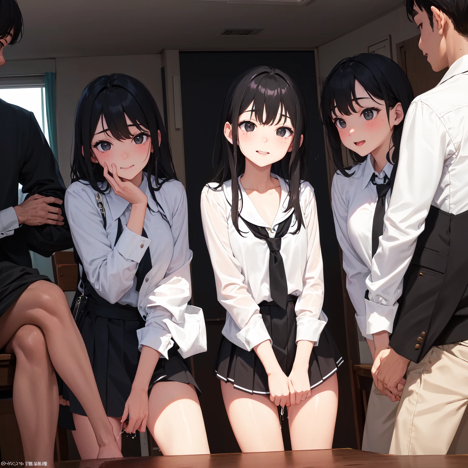 On a school desk、Girl with long black hair、(All the buttons on his white shirt are undone、A glimpse of the orange bra)、(Blue it on the desk with your legs open、Showing off her cute white underwear)、(barefoot、cute leather shoes)、10 girls worship a grown man's dick