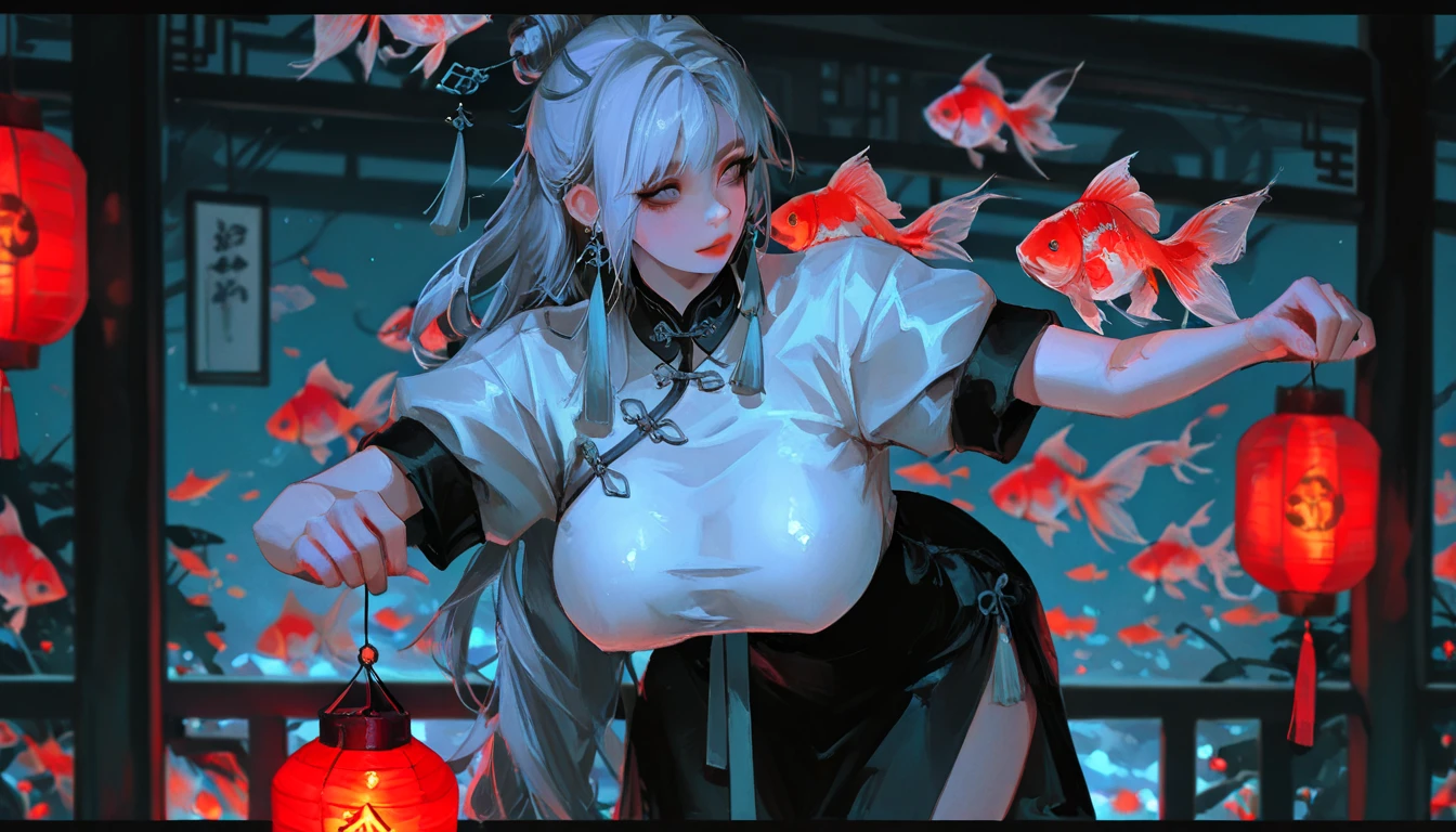 ((4k,masterpiece,best quality)), shuimobysim, Traditional chinese painting, lotuses, Hanfu, maxiskit, dress conservatively 1 girl, 独奏, whaite hair, long whitr hair, fox ear, white colors, 比基尼, The fish, Many fish are close to the girl, looking at viewert, Teasing with arms raised, bangs, Blush, tightsuit, Breasts, rabbit pose, Clothes writing, covered navel, Cowboy shot, Cropped jacket, mitts, (((Cyberpunk city street background))), hair intakes, Earphone, impossible bodysuit, Impossible clothes, Jacket, Large breasts, latex, latex  bodysuit, Long hair, Long sleeves, view the viewer, Large breasts, Multicolored gloves, Open mouth,