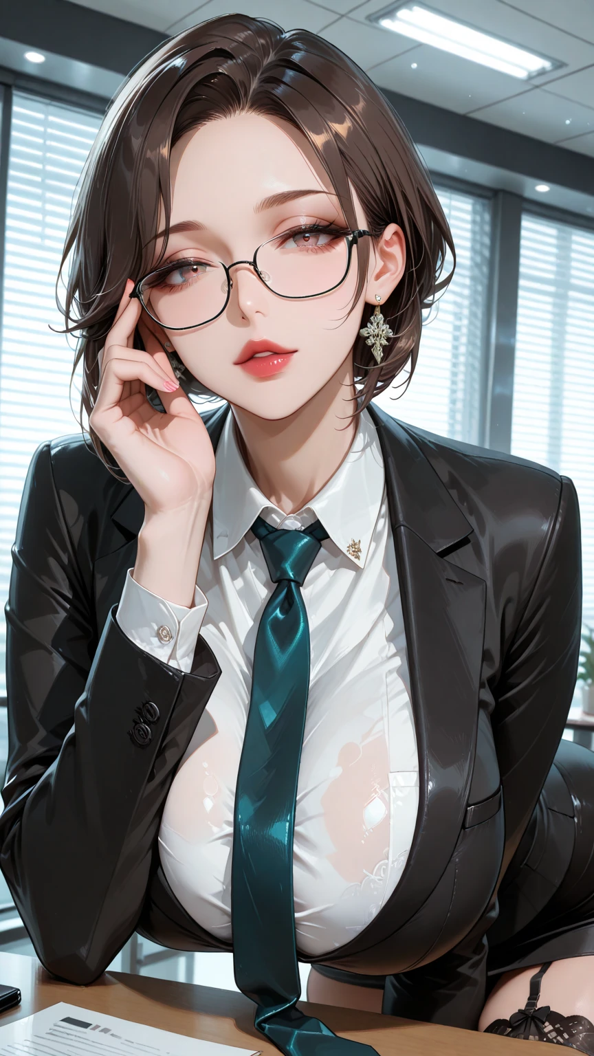 masterpiece, ultra detailed, 8k portrait, RAW photo, highly detailed face, 1 woman, (((((sitting and spread legs))))), 33 years old, (((((tall))))), (((small eyes))), glasses, (((black very short cut hair))), (((hair over one eyes))), (((white skin color))), (((((black lapel vest with put on a black cardigan))))), (((((long skirt))))), (((black pantyhose))), (((pumps))), Midday Sun, hyper realistic, Body model, Small breasts, Beautiful breasts, (big butt), (thick thighs), Long legs, in the office room, Ambient lighting, Shadow details, Camera focus on face, strong breeze, Light fog, (((((ultra thin))))) thong panties, (((stained panties, pussy juice stain))), cameltoe, (((pussy are visible))), from below