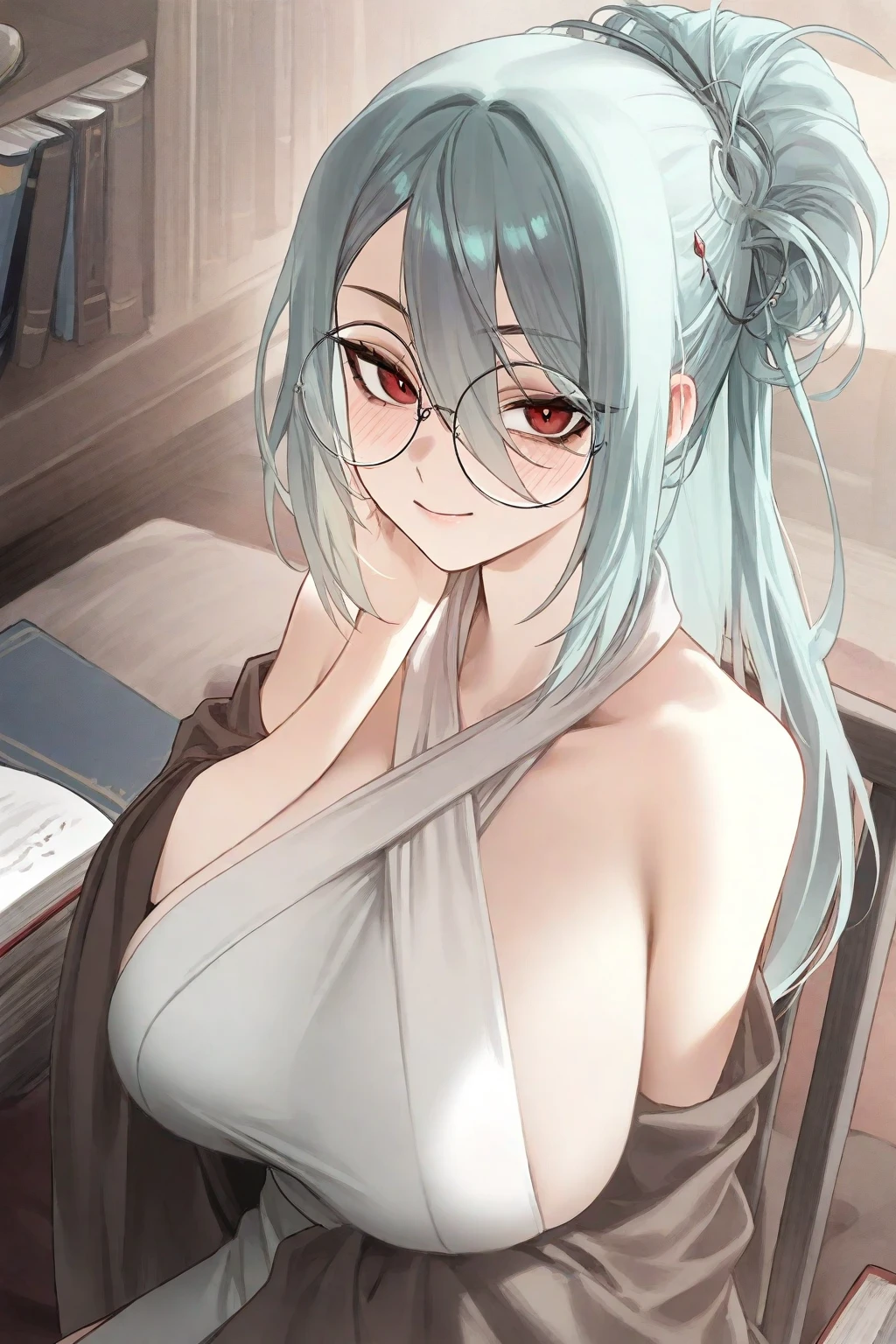 1 girl, stand body, glasses, ideal breasts, unbuttoned loose yukata, loose hair, smile, face blush, night light, detailed anime face, beautiful eyes, detailed hand, long eyelashes, detailed lips, detailed skin, intricate details, elegant, beautiful lighting, cooled colors, cinematic, soft focus, masterpiece, 8k, ultra-detailed, (best quality, 4k, 8k, highres, masterpiece:1.2), ultra-detailed