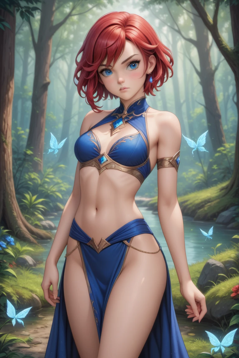 Young girl, short red hair, purple eyes, elven ears, open dress, open breasts, inner breasts, lower breasts, lower breasts, wide breasts, achegao, open belly, masterpiece, high quality