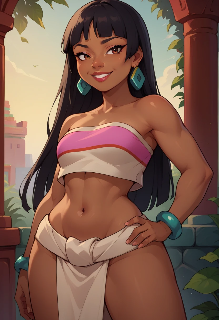 (best quality:1.3), (4K quality), (Detailed face:1.2), (Detailed eyes:1.2), solo, 1girl, 25 year old woman, jungle native, tribal girl, tanned bronze skin, dark brown hair, wavy hair, long hair, amber eyes, smile, (toned body), athletic body, medium breasts, (legs), slim waist, well toned, slim waist ,slender legs, attractive body, perfect shape, (Wearing: Headband, tan strapless top, tan mini skirt, pelvic curtain), looking at viewer, (Background: Outdoors, view of the rainforest, stone temples in the surroundings),