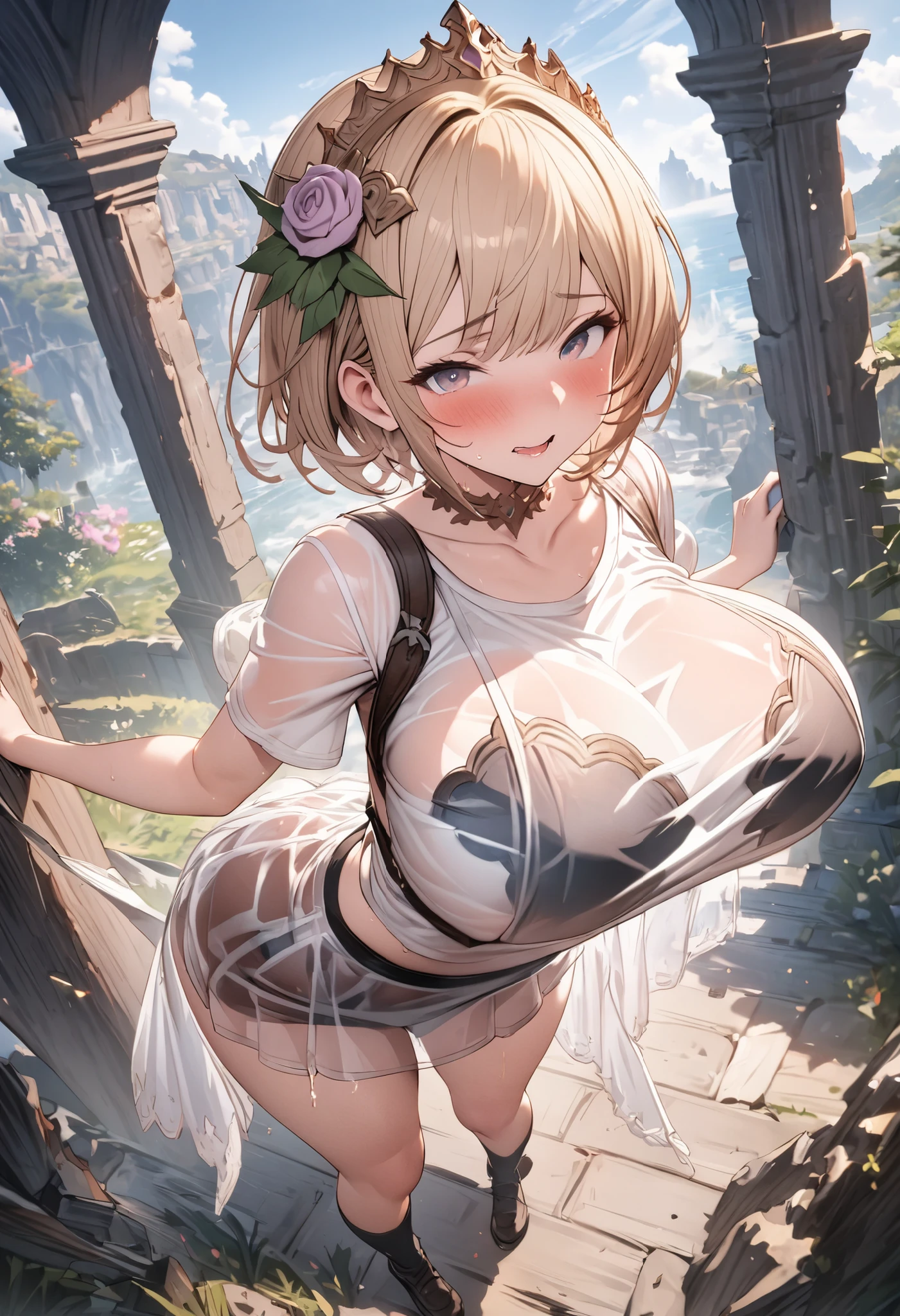 a minigirl on a cliff below the breasts of a giantess, a minigirl on a cliff in front of the breasts of a giantess, (2girls:1.8), (height_difference:1.5), (size_difference:1.2), (stone cave: 1.2), cave, dungeon, cavern, (giantess:1.3), huge breasts, :3, cleavage, cute dress, catgirl, tail, (rear end: 1.1), knight armor, (minigirl:1.4), (minigirl on a cliff: 1.2)