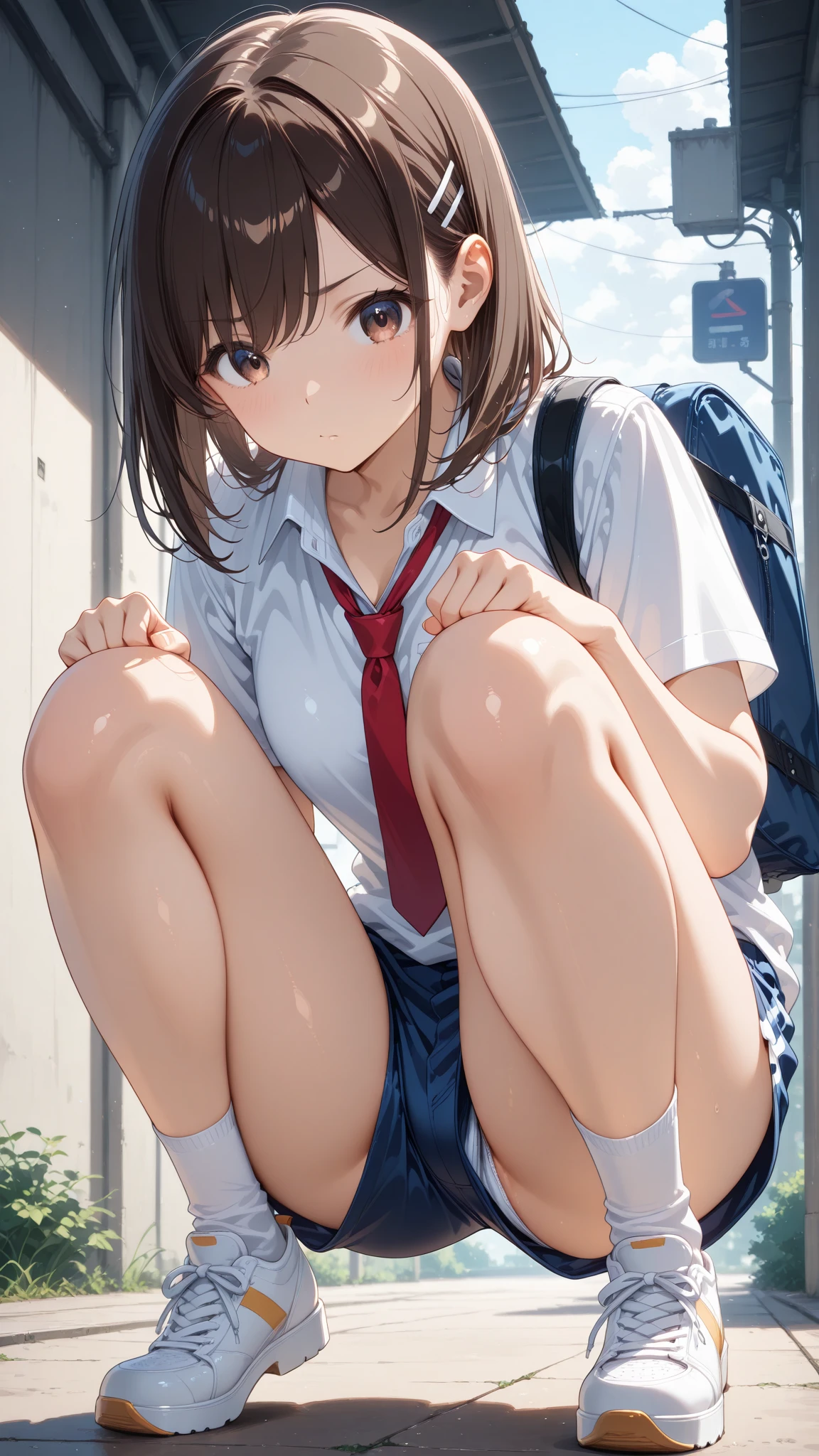 (8k, RAW Photos, Highest quality, masterpiece:1.2), High-quality RAW color photos, Professional photography, Cinematic Light, alone, (((young woman, Gal))), (Sharp features), (Small face), (Skin with attention to detail:1.2), clavicle, Cute Face, Beautiful appearance, Long eyelashes, (Brown Hair, blue eyes, Long Hair), Beautiful breasts, (Slim figure:1.4), Highly detailed face and skin texture, , Sailor suit, mini skirt, loose socks:1.スニーカー3feet:1.3, (Dynamic pose:1.0), Embarrassing,Sit on the stairs, School building stairs, Artistic painting,Attractive thighs, Open your thighs, (Very nice touch:1.2), (A shy smile), (Beautiful breasts), (concentrated), (sweating:1.2), (Open your mouth), Highly detailed face and skin texture, Look to the side, from before，(((Spread the word_feet, Pussy, Split_ feet, from before, I can see your underwear)))