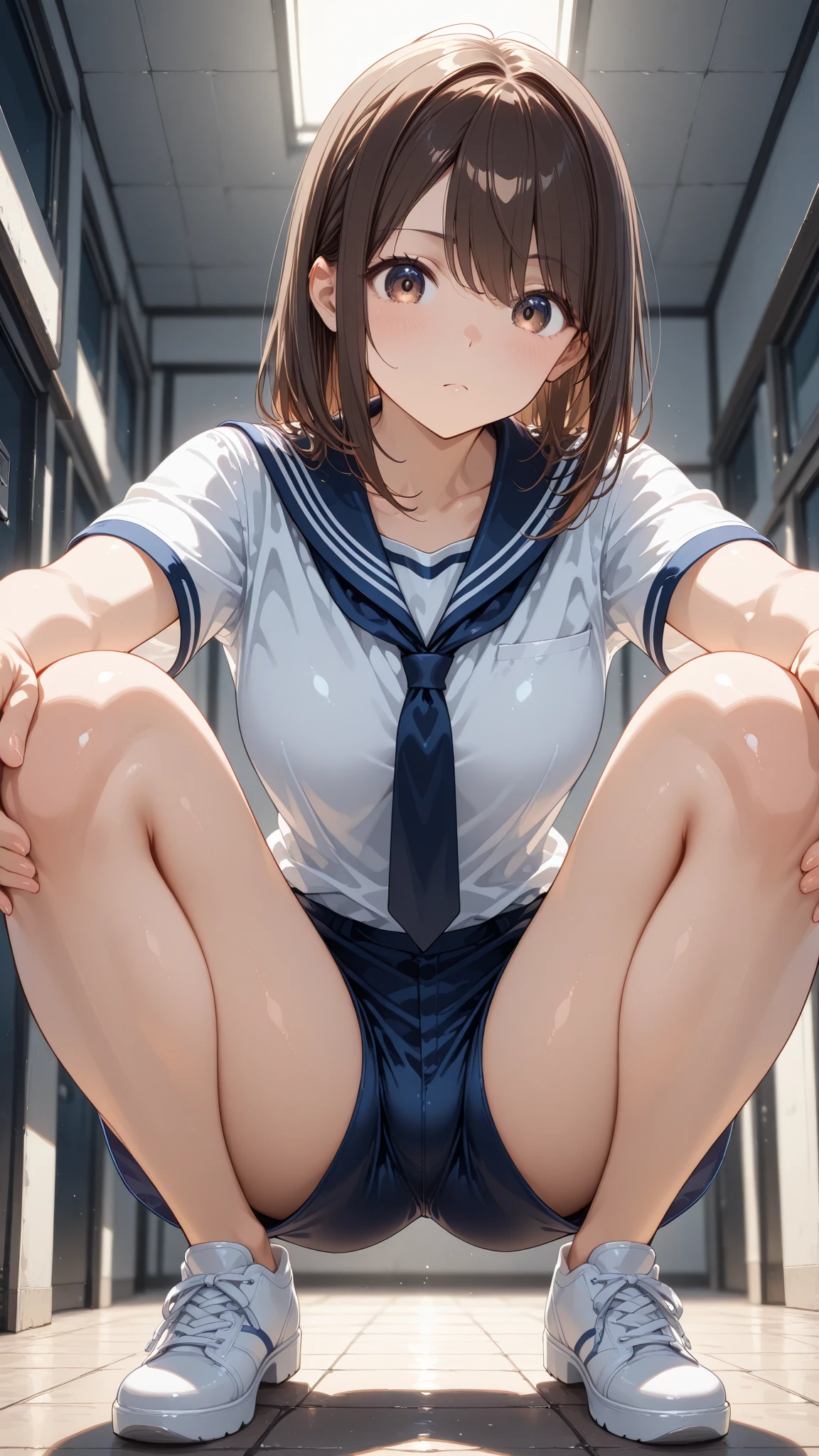 smile、Bright classroom、(((alone))),(((1 girl))), beautiful, shape, Highly detailed skin, masterpiece, Highest quality, Highly detailed face, Vibrant colors, Written boundary depth, Cinema Lighting,, One Girl, alone, Brown eyes, Brown Hair, hair ornaments,short hair,Red Check Skirt,blush, White shirt, masterpiece Highest quality 高解像度、Anna Tanaka , Sit with your knees bent、eight-headed body、beautiful足 、On campus、As if looking up from below、Embarrassing,Browsing Caution,White panties,Camel Toe