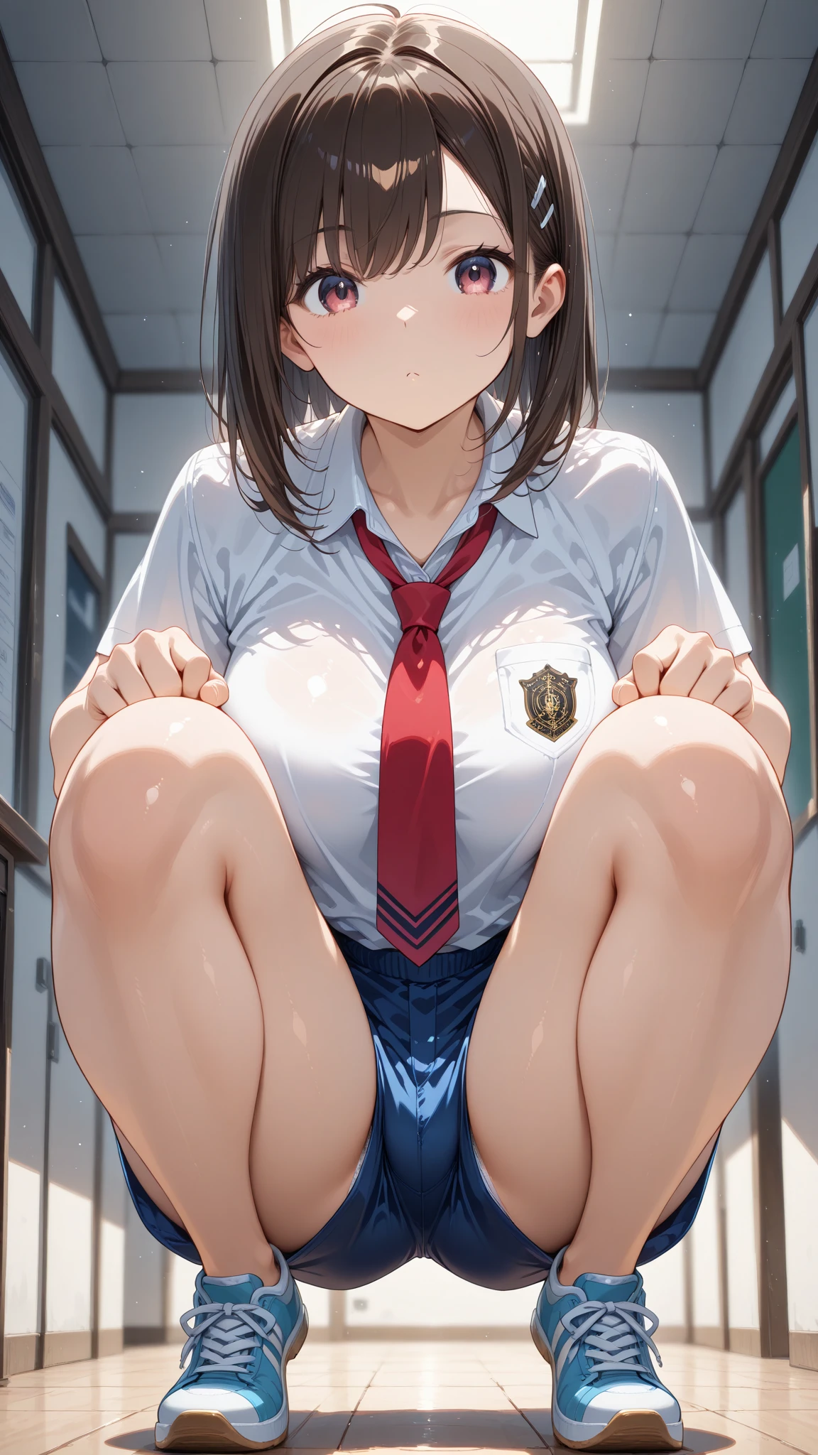 (high quality, High resolution, Fine details, Realistic), School corridor, (Spread-legged position, Front view), The uniform is open at the front, Crouching posture,underwear, alone, Adult female, (Sparkling eyes, Fine grain), blush, huge ,Large Breasts, Sweat, Oily skin, Shallow depth of field, Full body portrait