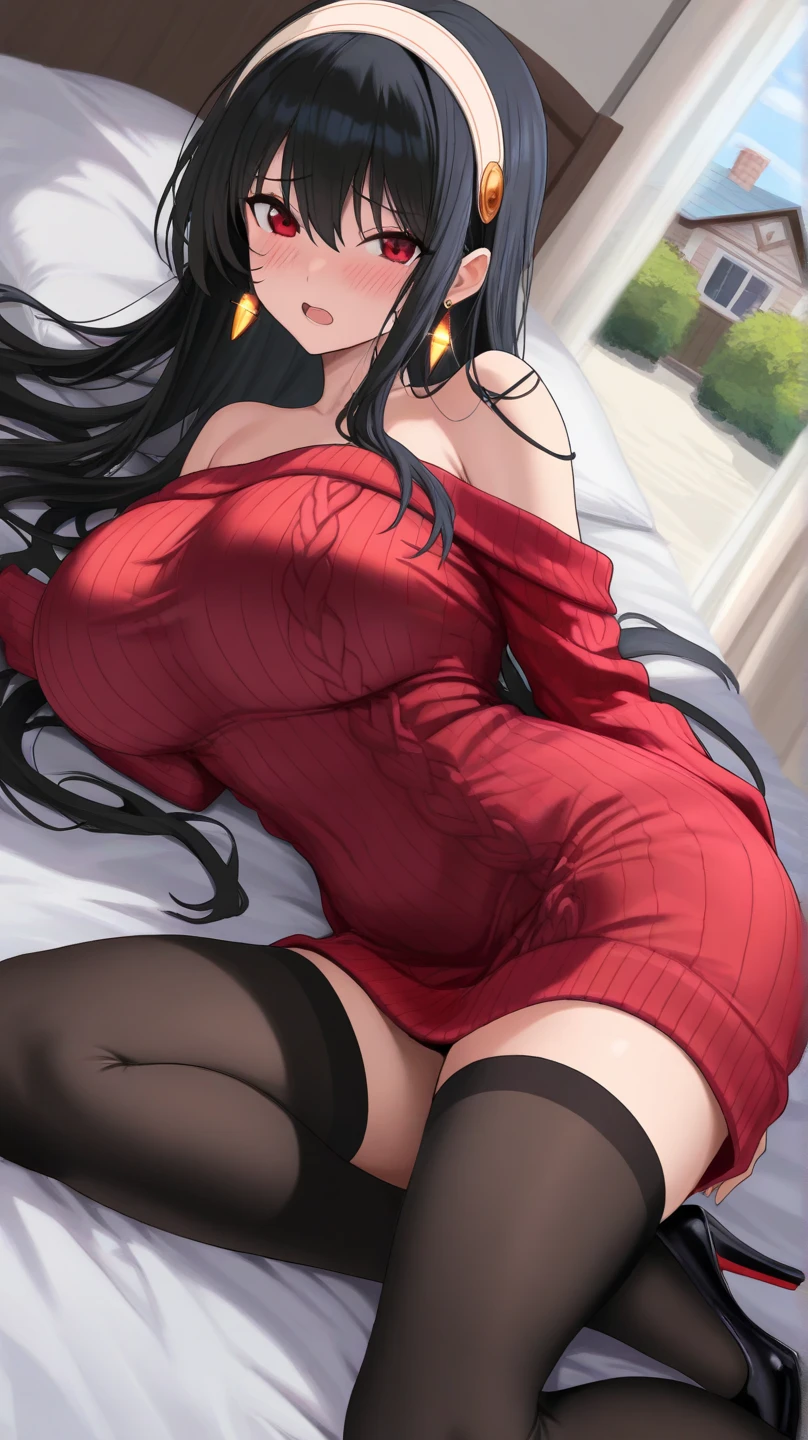 sax brook person, sax brook, (masterpiece:1.2), (highest quality:1.2), perfect eyes, perfect face, 1 girl, alone, brown eyes, (medium breasts), perky chest, long and beautiful hair,red pj, lying on the bed, attractive appearance, put your hands behind your head, Side view