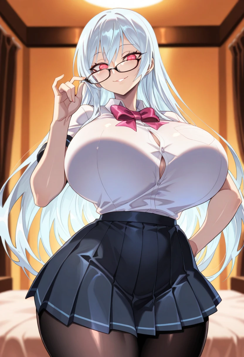 Very cute woman gets All naked on a crowded podium. she shows off her body, she open her hands and exposes beautiful chest and between legs. breast milk, 40k, photography, masterpiece, best quality, Classroom at night, ((1girl blue eyes and gorgeous light blonde curly hair, she wears glasses on her beautiful face, she has big and shaved, big ass full breasts until waiting wearing, (white plunging open shirt: 1.3), varied poses.((Huge breasts :1.3)), Ultra-detailed face, Detailed eyes,shaved bread,fellatio gesture,