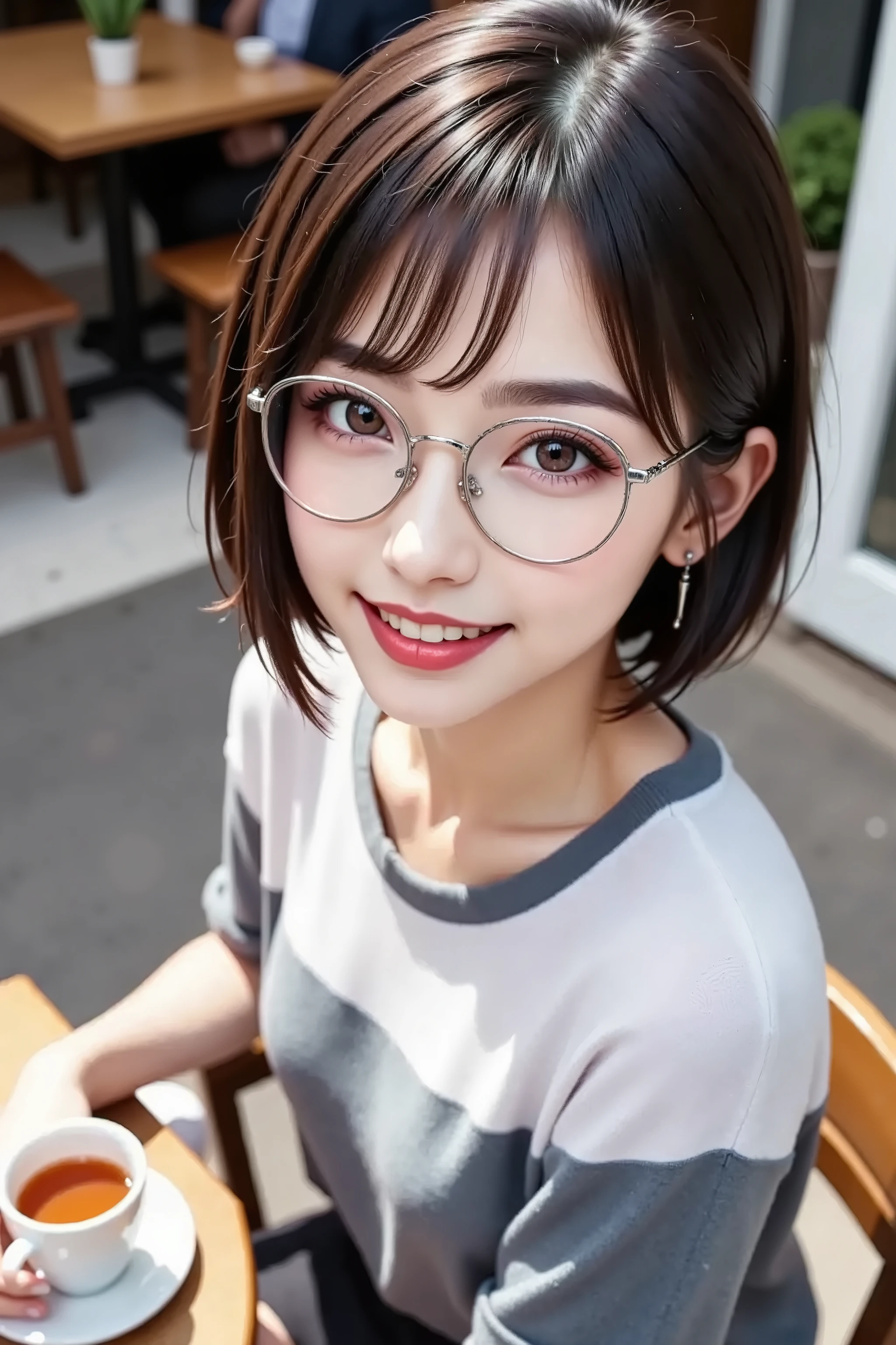 shot from above, Bust Top Shot , Street, short hair, working on a computer with slender eyes, Japanese, black eyes, ((silver rimmed glasses 1.5)), smiles softly,( white and grey border shirt), black miniskirt, cafe terrace seat, I'm having tea