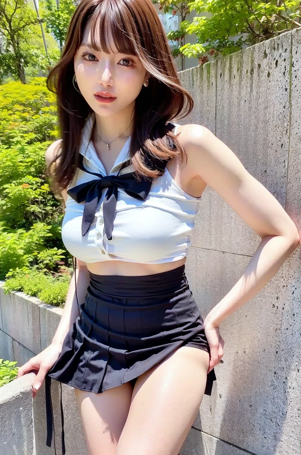 nsfw,Cute Japan high school girl、Navy blue pleated mini skirt、White shirt with front opening、small breast,trained abs、Leaner figure、Cowboy Shot、smile、Twin tails、Outdoor in summer、Live Performance Venues、underboob,groin is visible,earrings,necklace,bracelet,